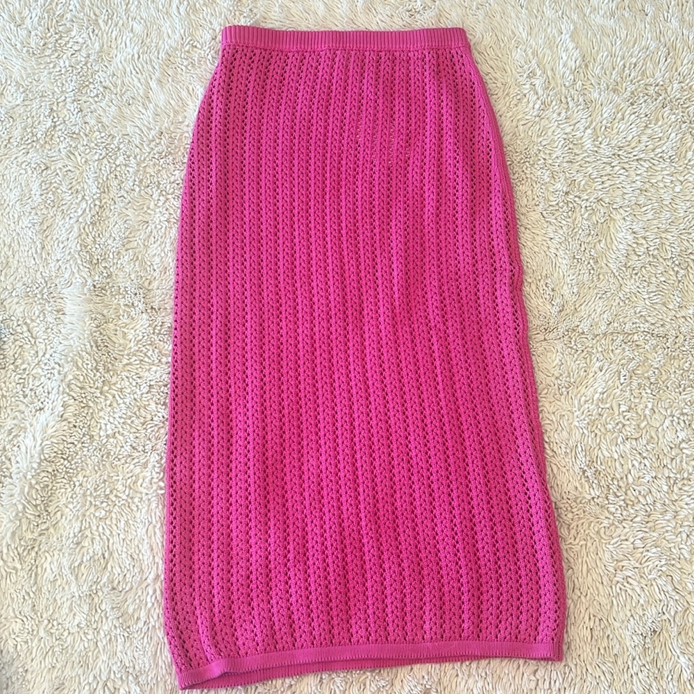 MISA Los Angeles Tia top and bottom flamingo pink crochet 2 piece set small NWT